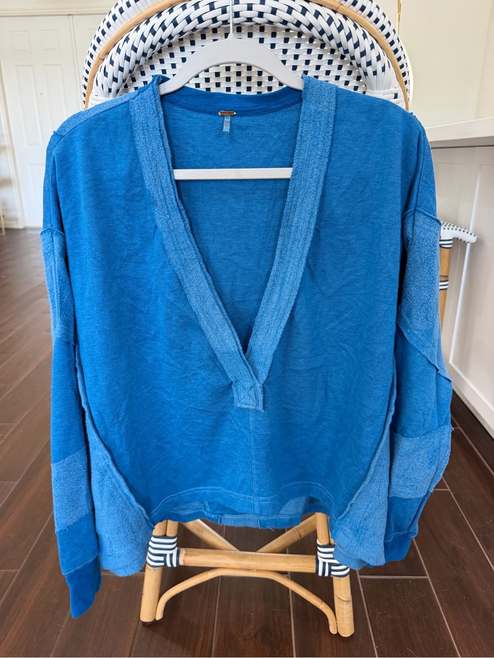 Free People Staycation V-Neck Pullover Blissful Blue Mixed Media Oversized XS